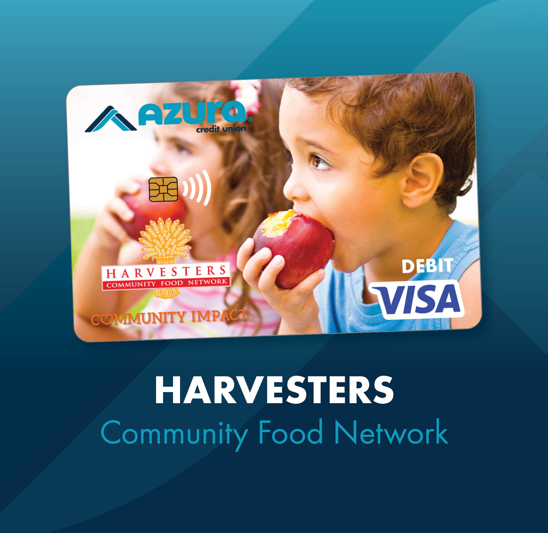 Harvesters Community Impact Debit Card with a young boy and girl eating apples. 