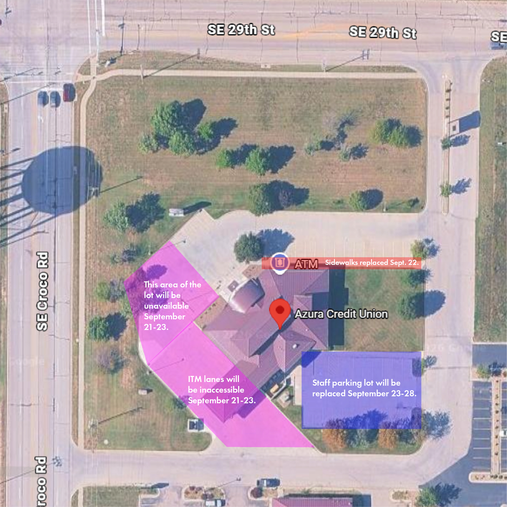 aerial image of parking lot closures at Croco Branch